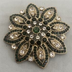 Vintage Monet GREEN & CRYSTAL RHINESTONES Brooch Pin 2.25" FLORAL MEDALLION